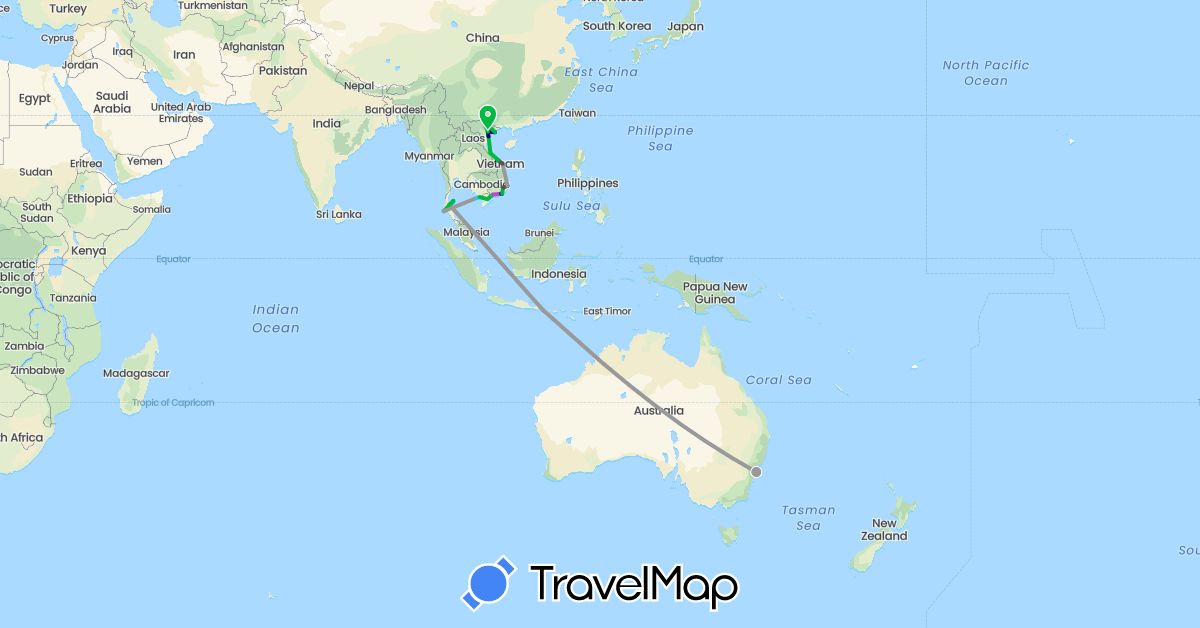 TravelMap itinerary: driving, bus, plane, train, boat, motorbike in Australia, Indonesia, Thailand, Vietnam (Asia, Oceania)